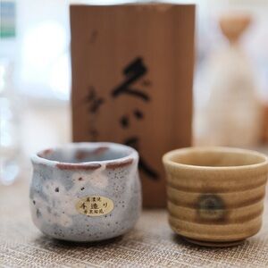 Japanese Mino Ware Sake Cup Set 🍶 Shusen Touen Handmade Pottery with Wooden Box